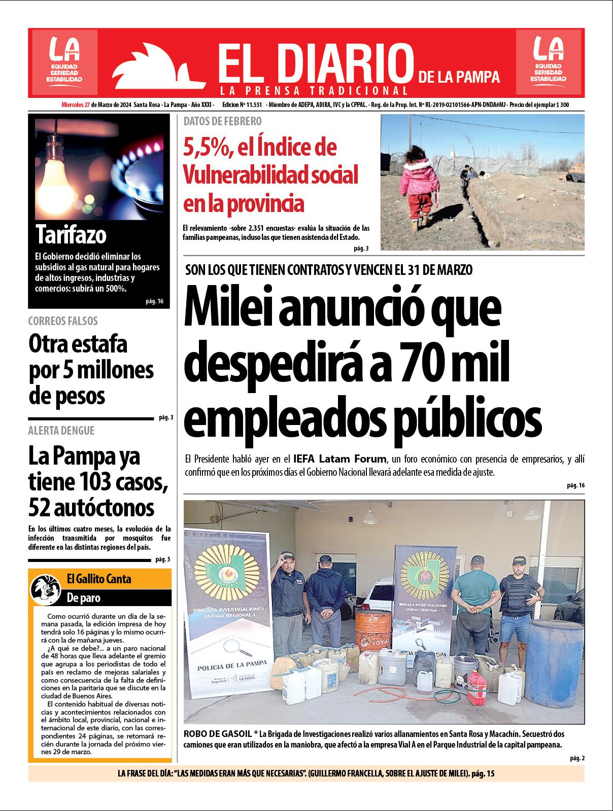 Tapa de El Diario en papel  mieacutercoles 27 de marzo de 2024